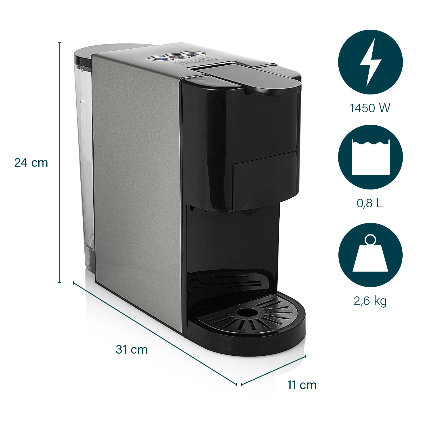 Koffiezetapparaat met afmetingen en specificaties.
