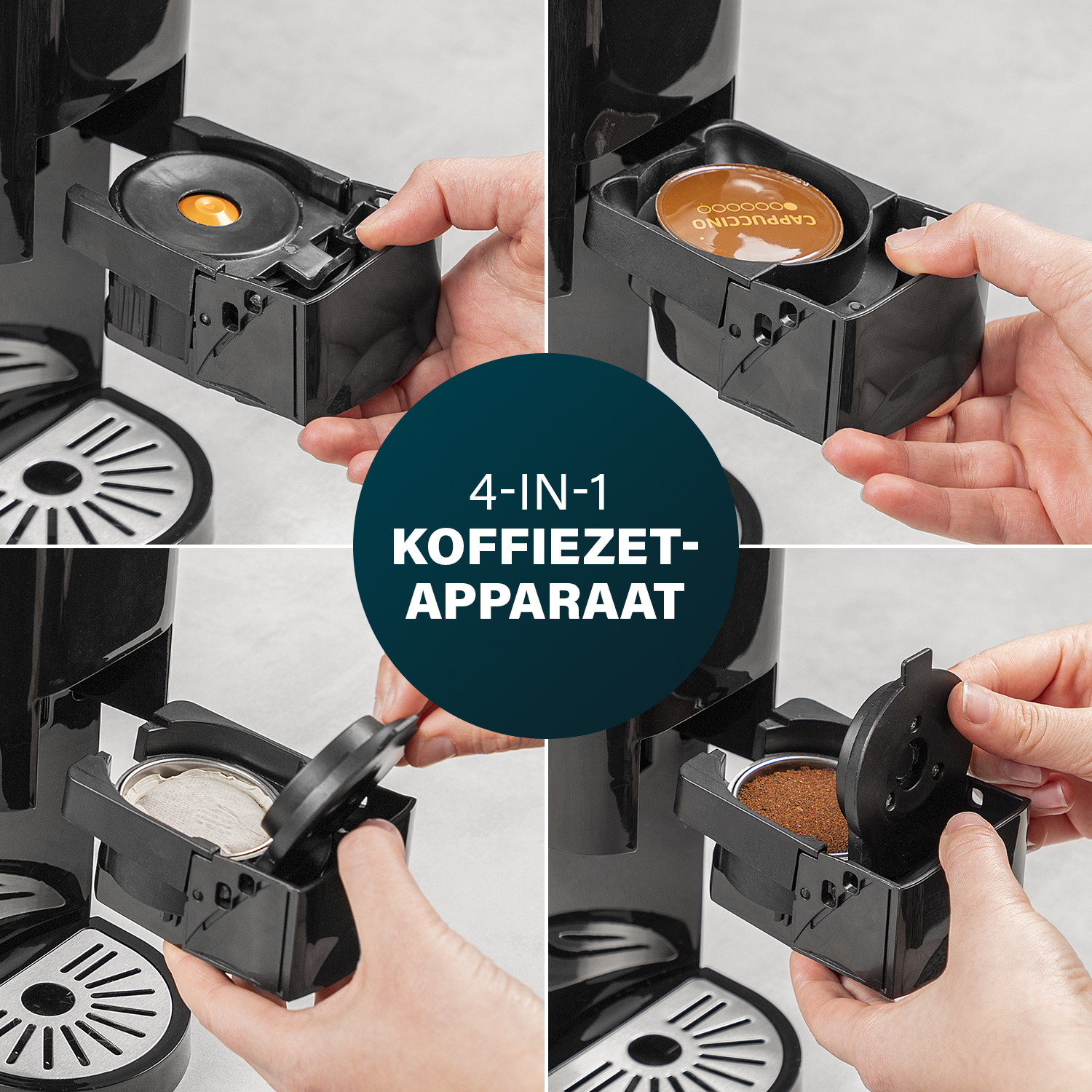 Vier afbeeldingen die het gebruik van een koffiezetapparaat laten zien.