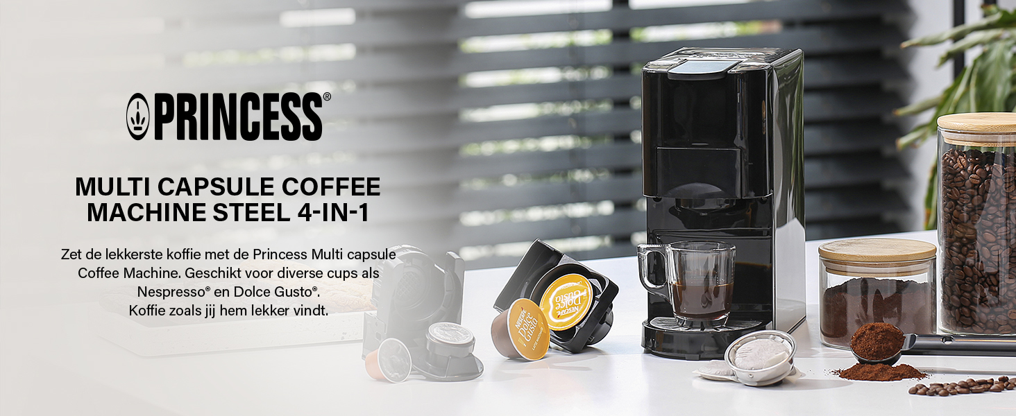 Princess multi capsule koffiemachine, met koffiecapsules, kopje en koffiebonen ernaast.
