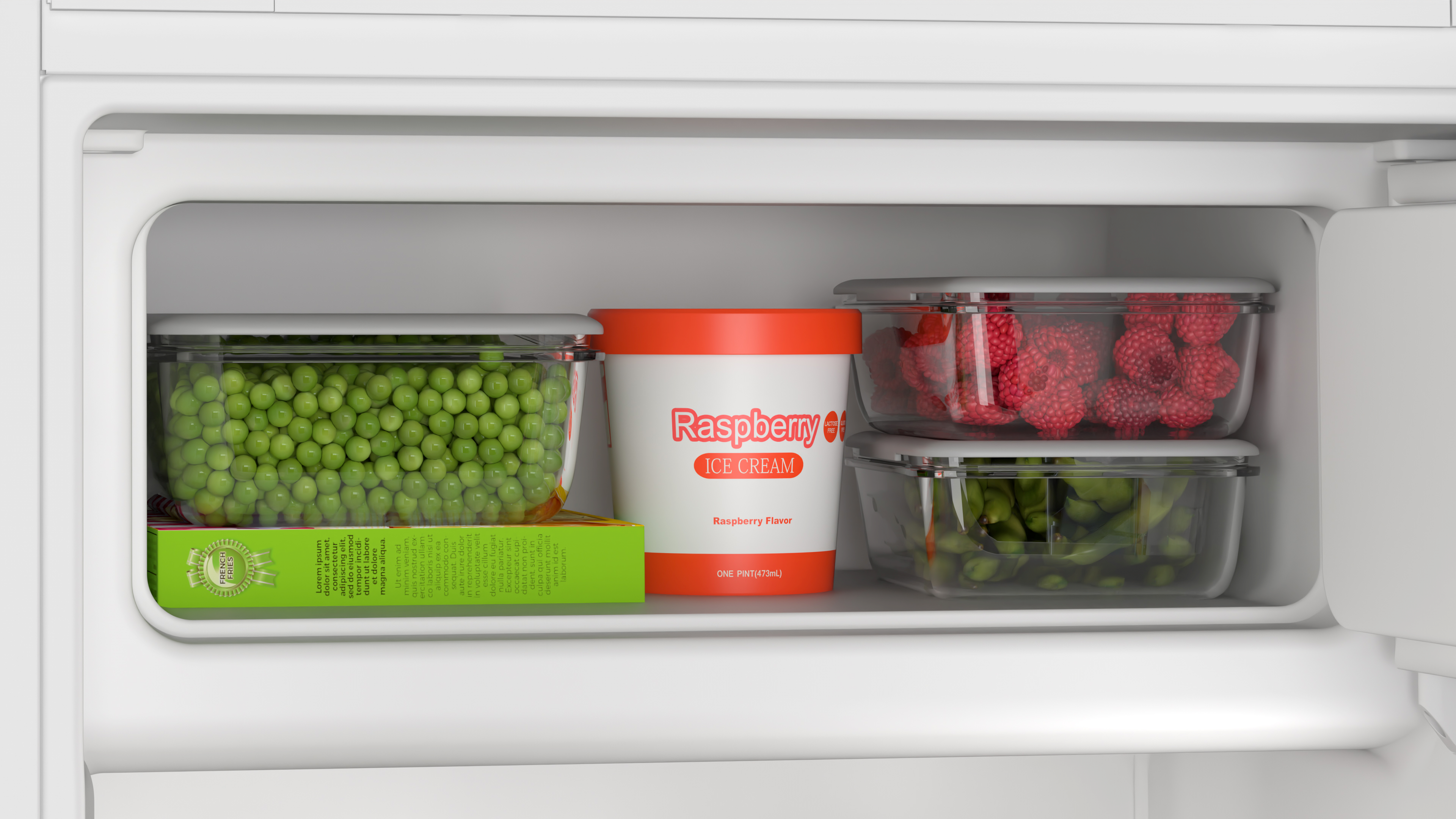 Ein Kühlschrank mit Erbsen, Eis und Beeren.