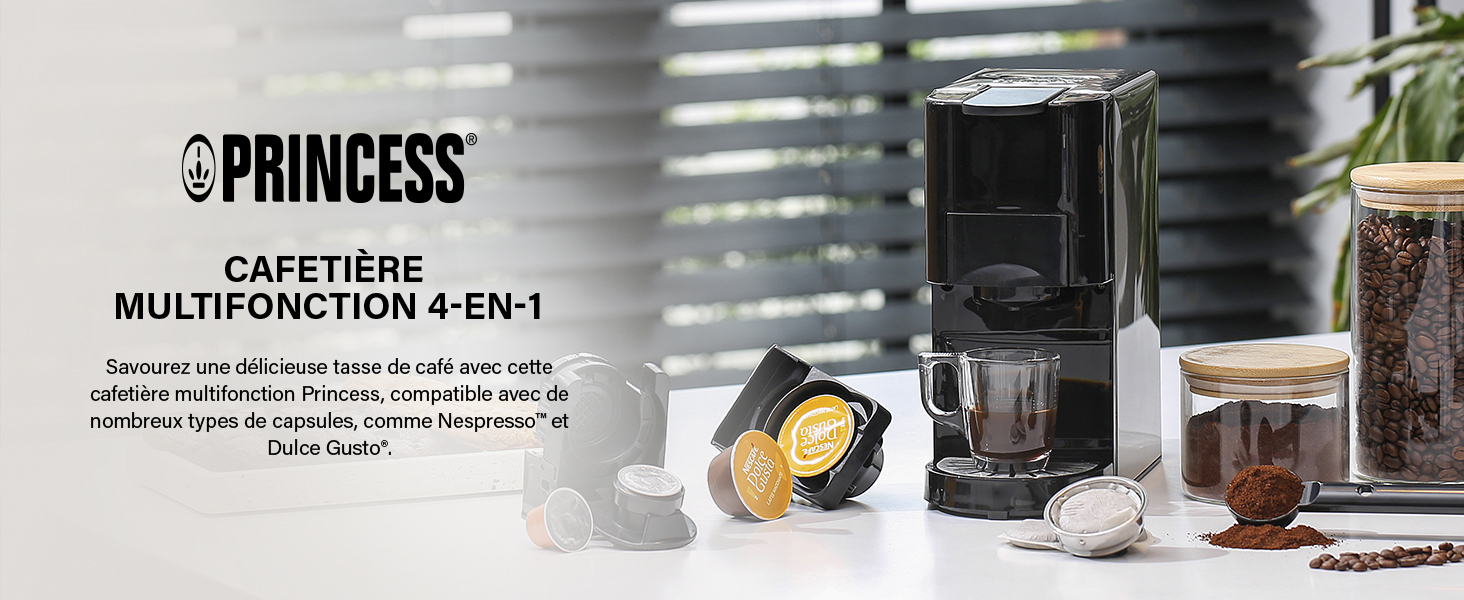 Een Princess 4-in-1 koffiemachine met koffiecapsules en koffiebonen aan de zijkant.