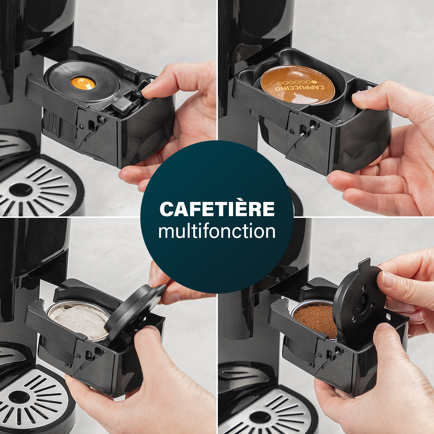 Vier afbeeldingen die de verschillende stappen laten zien bij het gebruik van een koffiemachine.