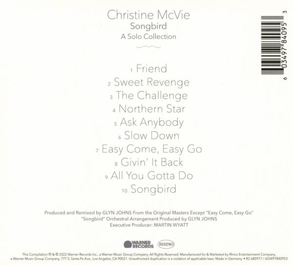 CD-hoes van Christine McVies Songbird album met tracklist en barcode.