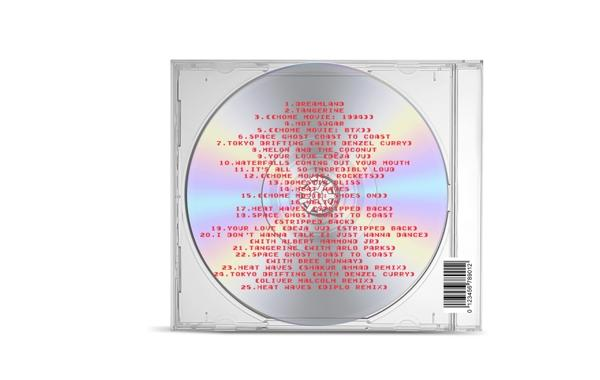 Die Rückseite einer CD-Hülle mit Titellisten und einem Barcode auf einer reflektierenden Scheibe.