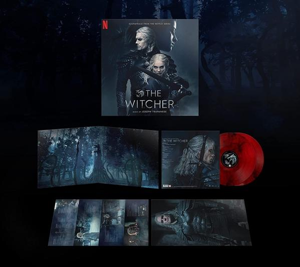The Witcher-Soundtrack-Vinyl-Record-Set. Albumcover, Innenkunst und eine rote Vinyl-Disc sind sichtbar.