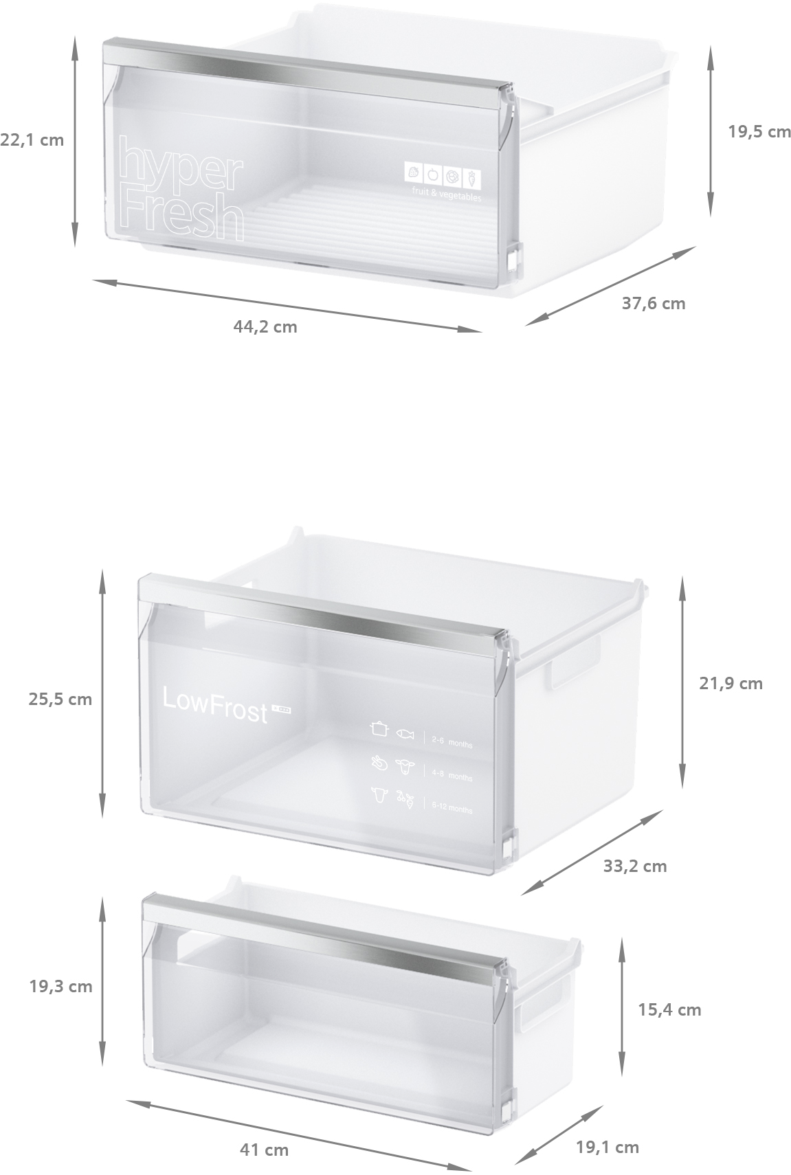 Drei weiße Kühlschubladen mit beschrifteten Abmessungen, die Größendetails zeigen.