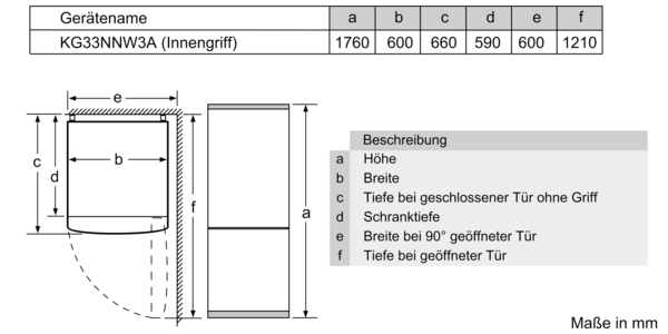 Diagramm eines Kühlschranks mit Abmessungen und Spezifikationen in Millimetern.