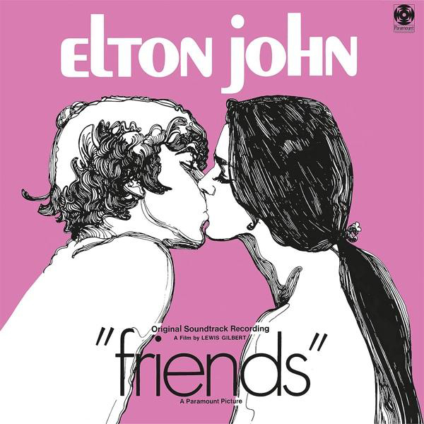 Elton John Albumcover. Zwei Figuren küssen sich, rosa Hintergrund.