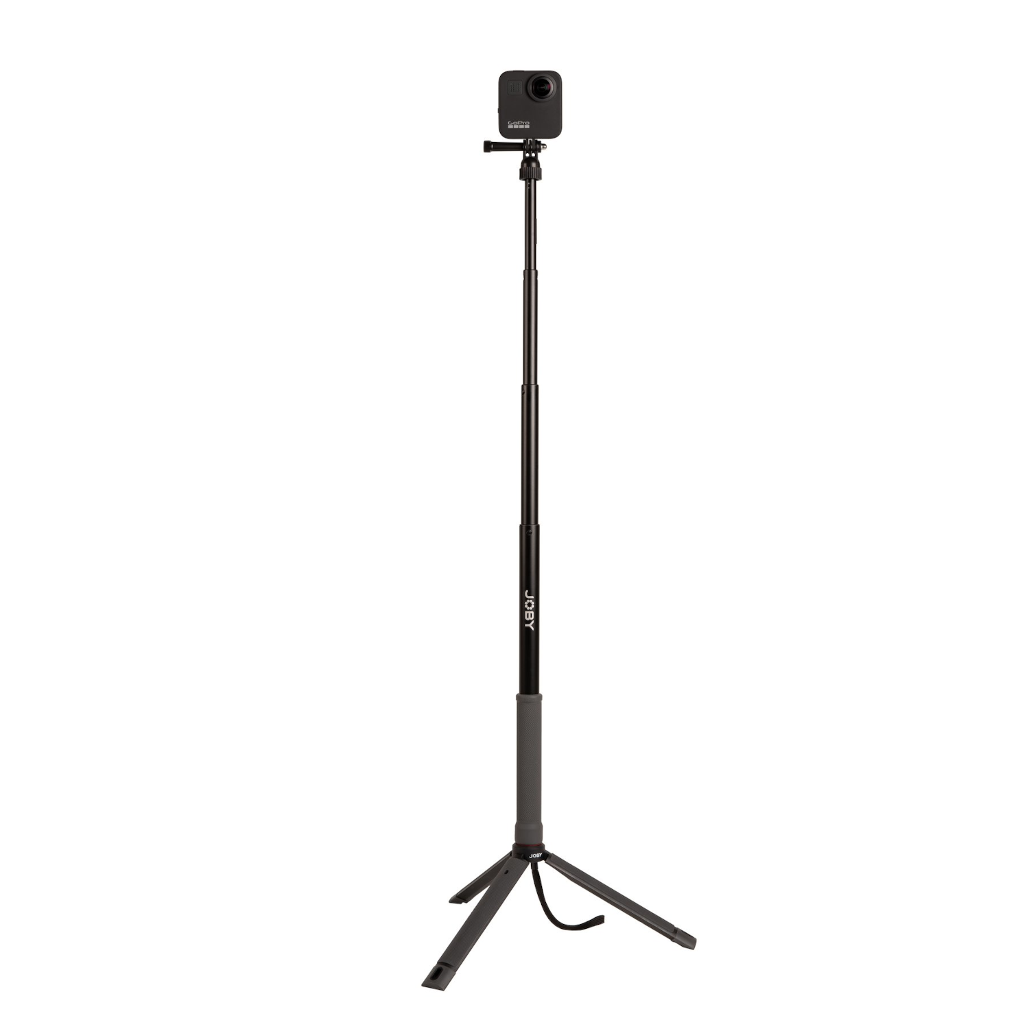 A black tripod with a camera attached, set against a white backdrop.
