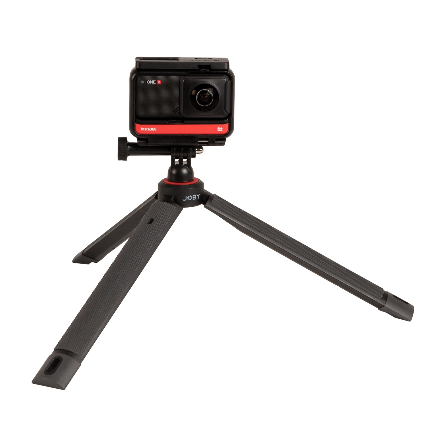 Black Insta360 camera on a tripod, red highlights, against white background.