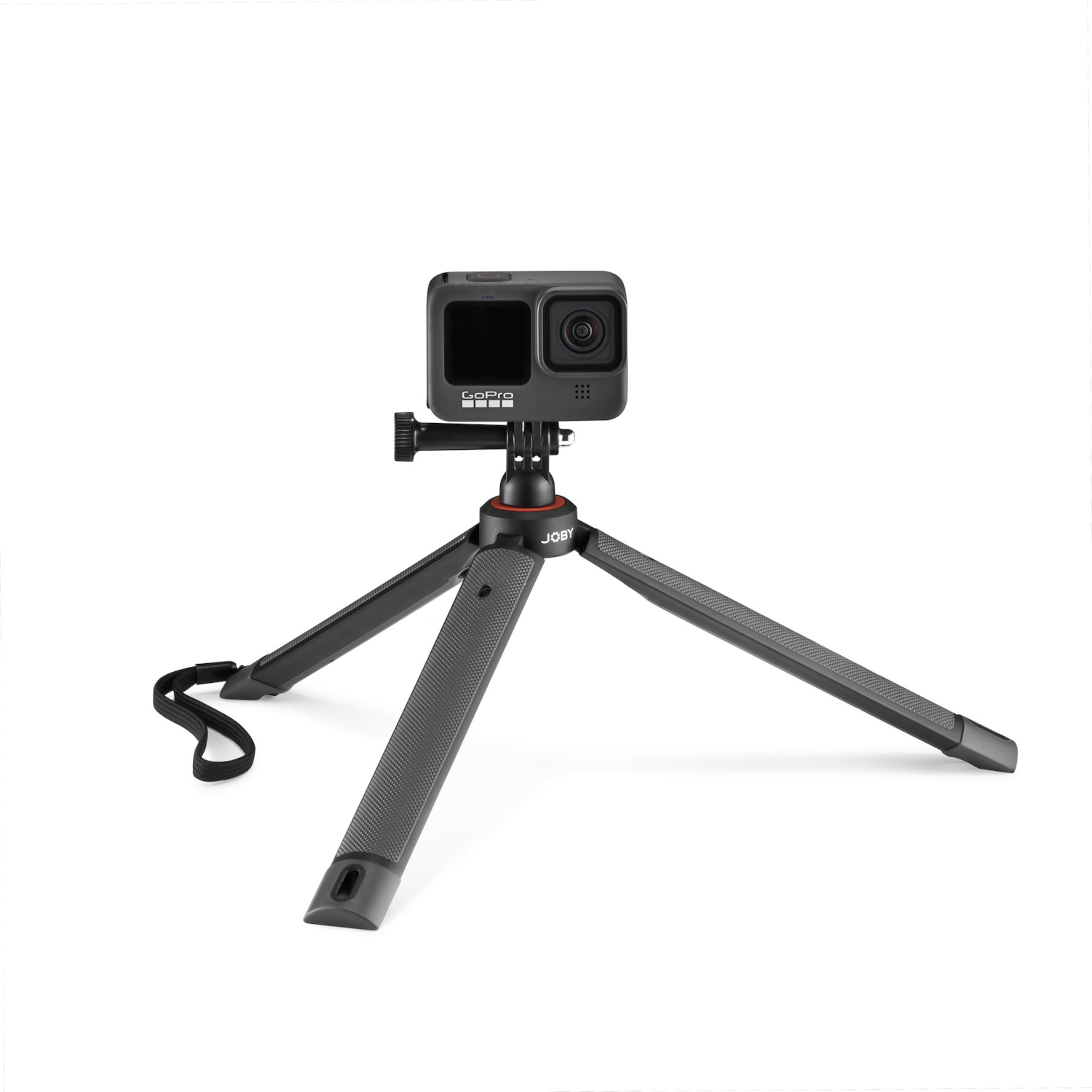 A black GoPro camera on a tripod, on a white background.