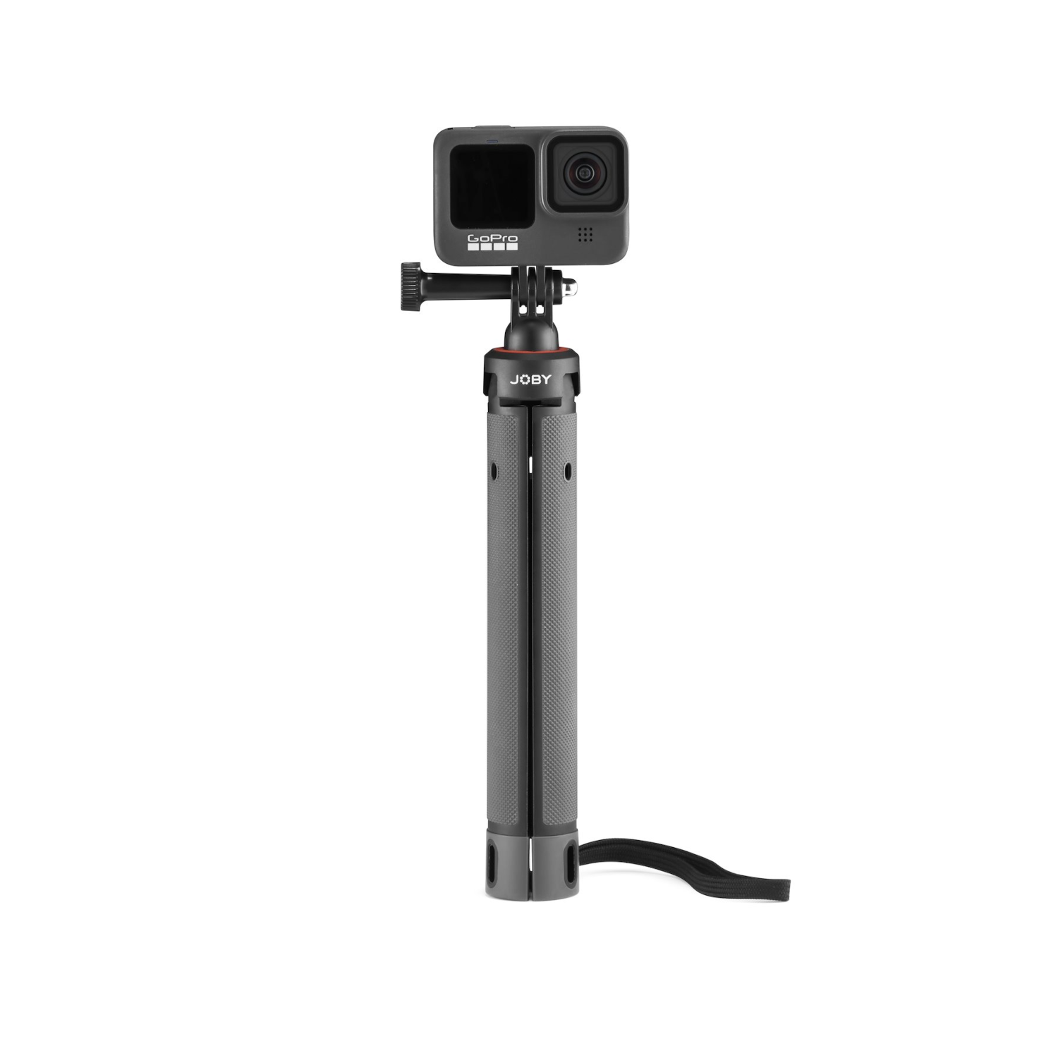 A small camera on a tripod with a black handle.