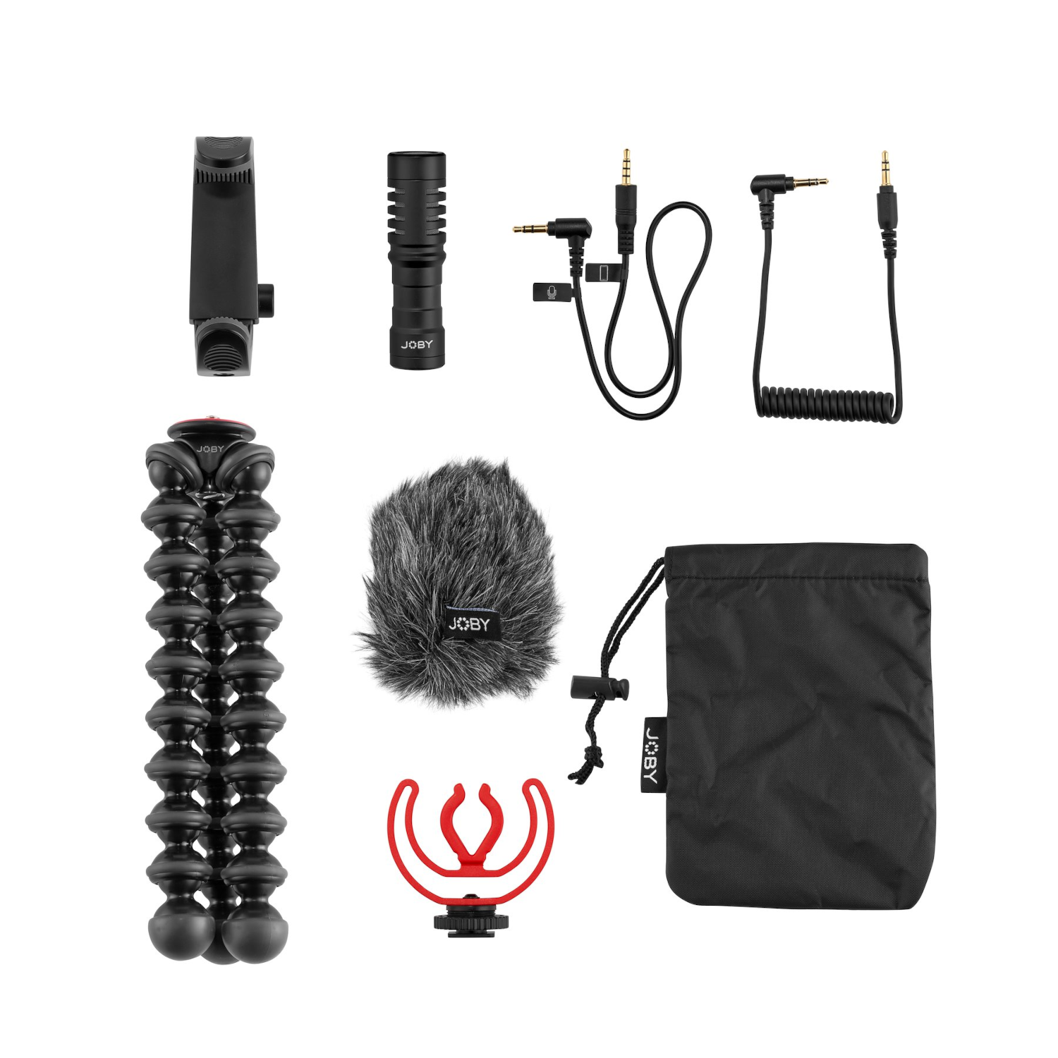 Een set zwarte en grijze audioapparatuur, waaronder een microfoon, een statief, kabels en een draagtas, allemaal op een witte achtergrond.