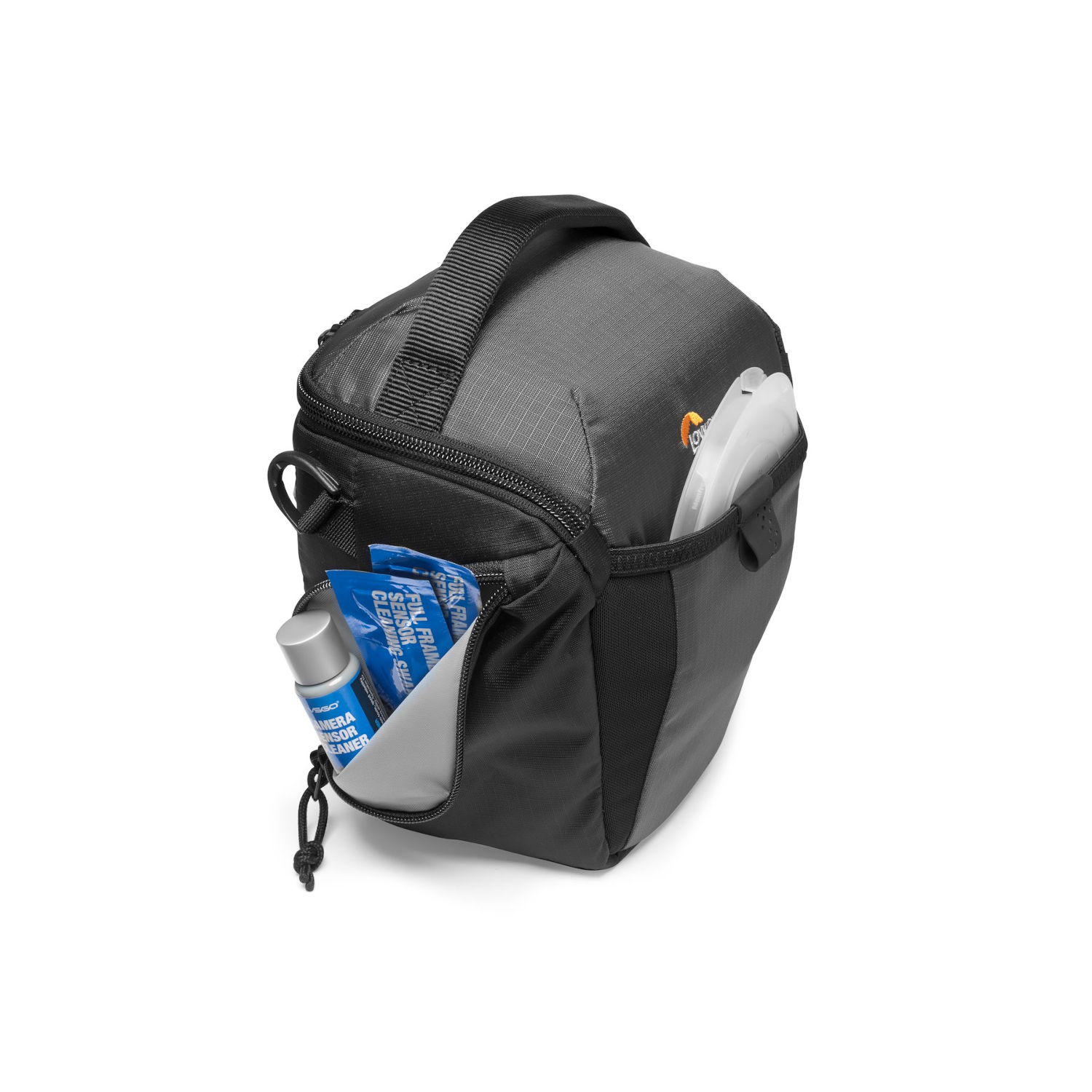 Black camera bag with a side pocket containing cleaning supplies and a white interior.