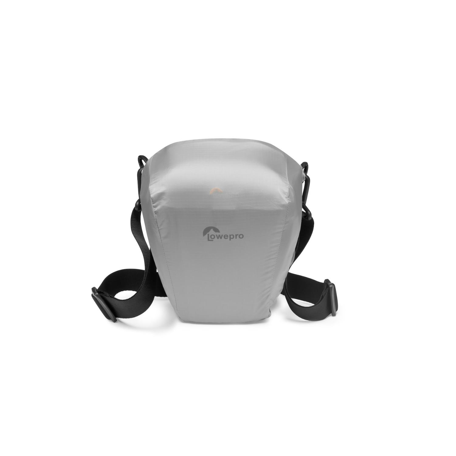 A gray camera bag with a black strap is on a white background. Lowepro is written on the bag.