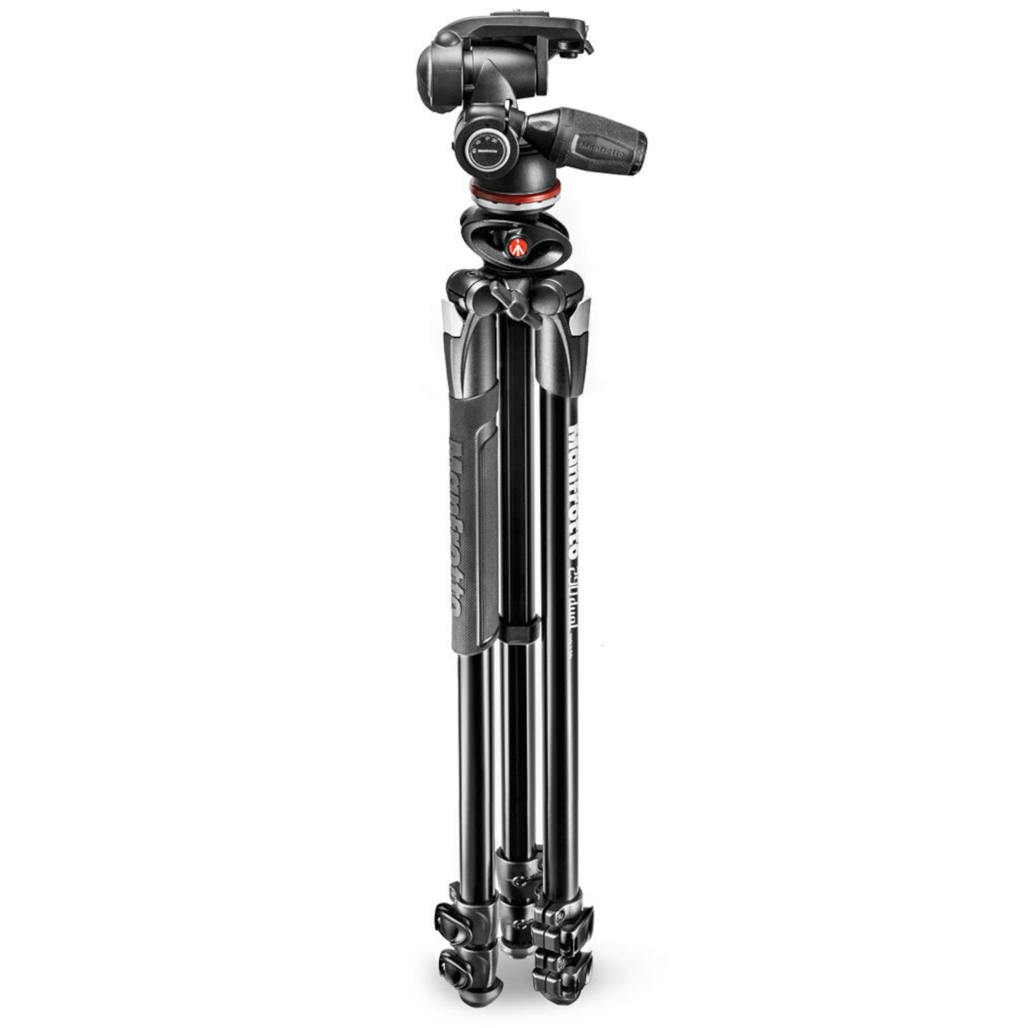 A black tripod with a camera head is centered on a white background. The tripod legs are extended.