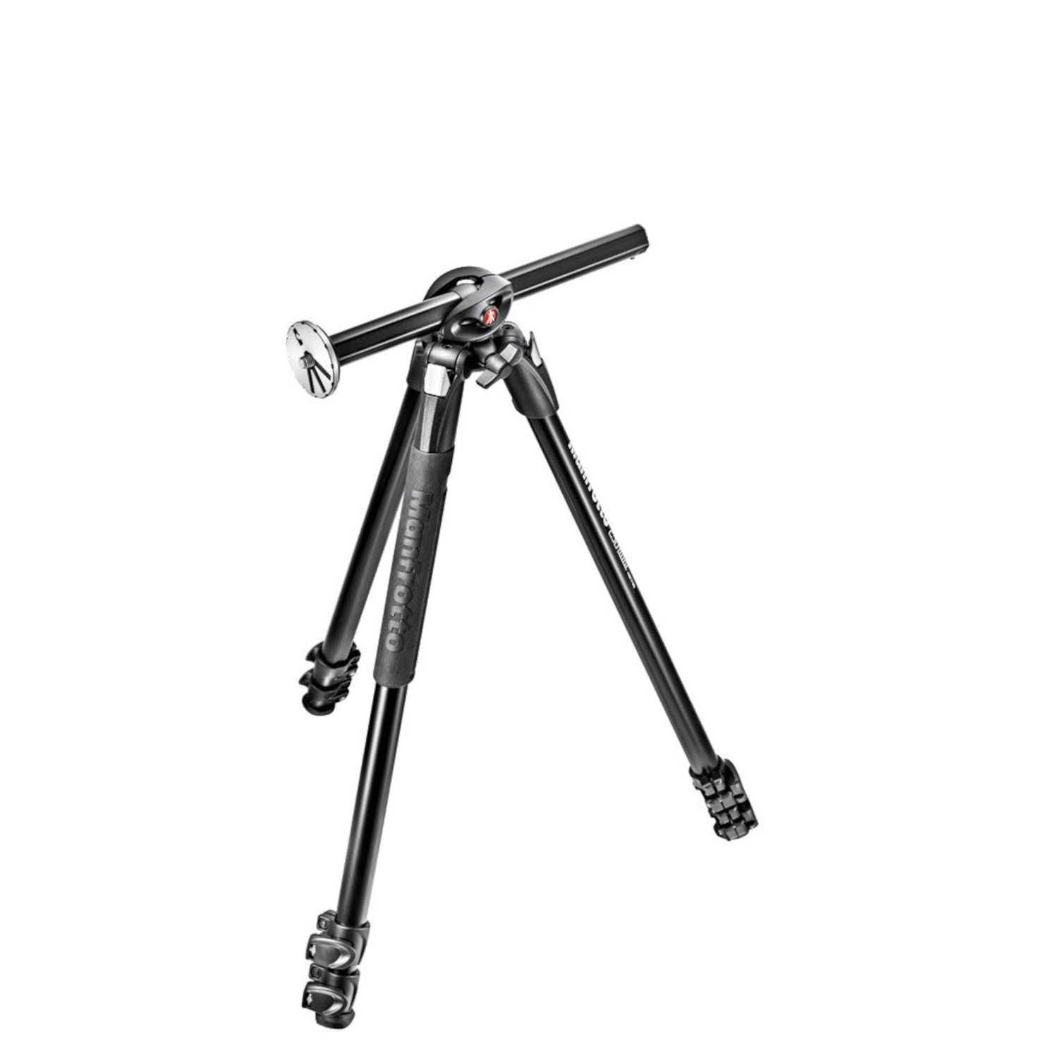 A black tripod is positioned against a white background. It has three legs, a central column, and a horizontal bar at the top.