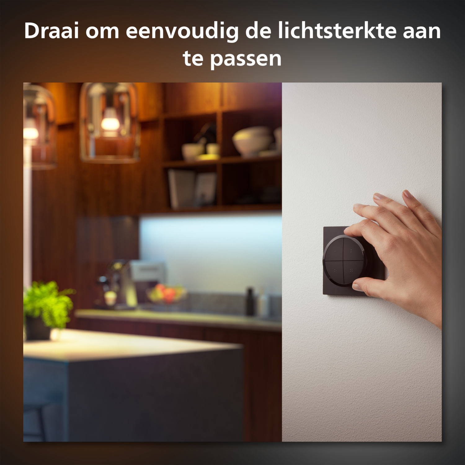 A hand adjusting a black smart home device on a white wall, with a blurred background.
