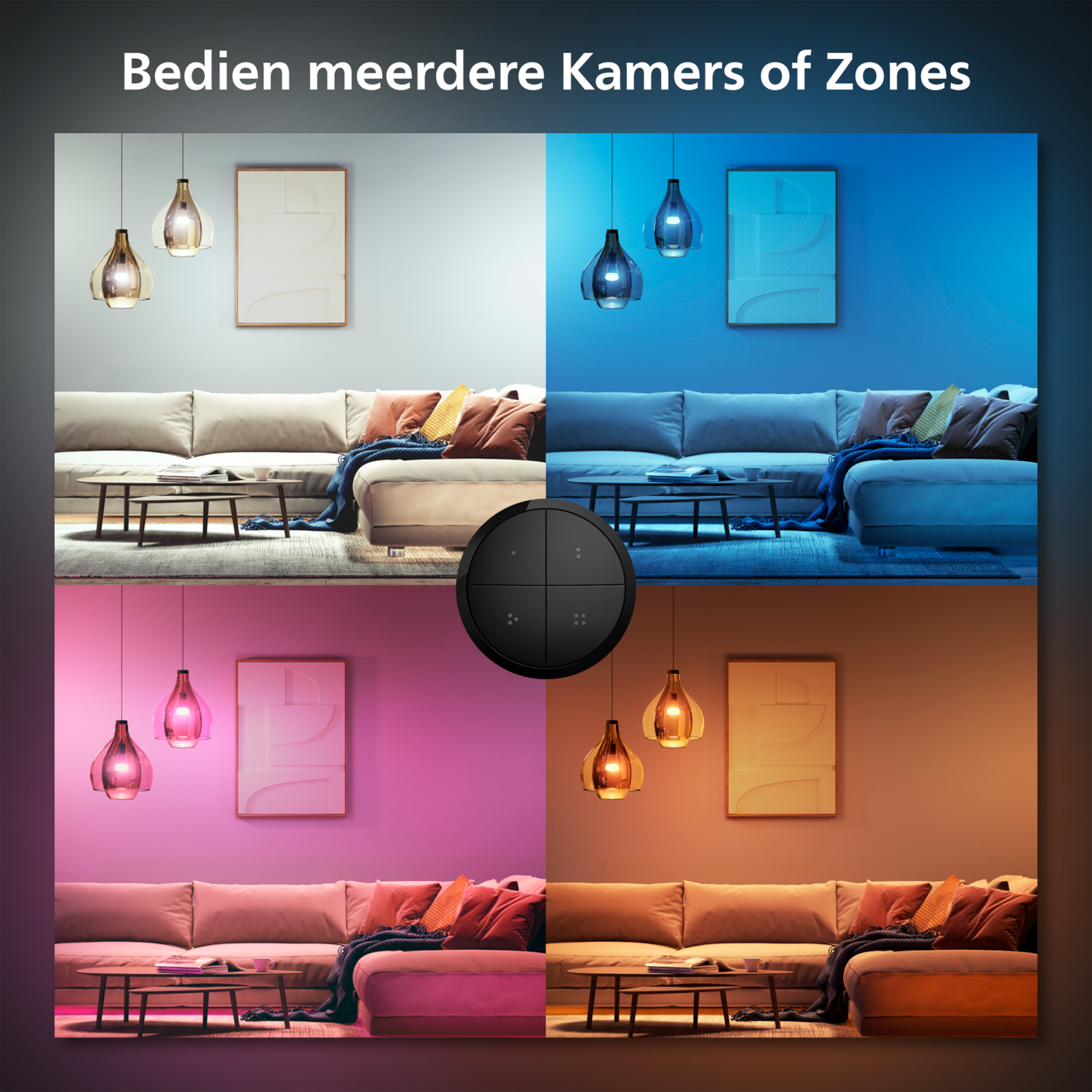 Four rooms with different colored lights controlled by a black remote.