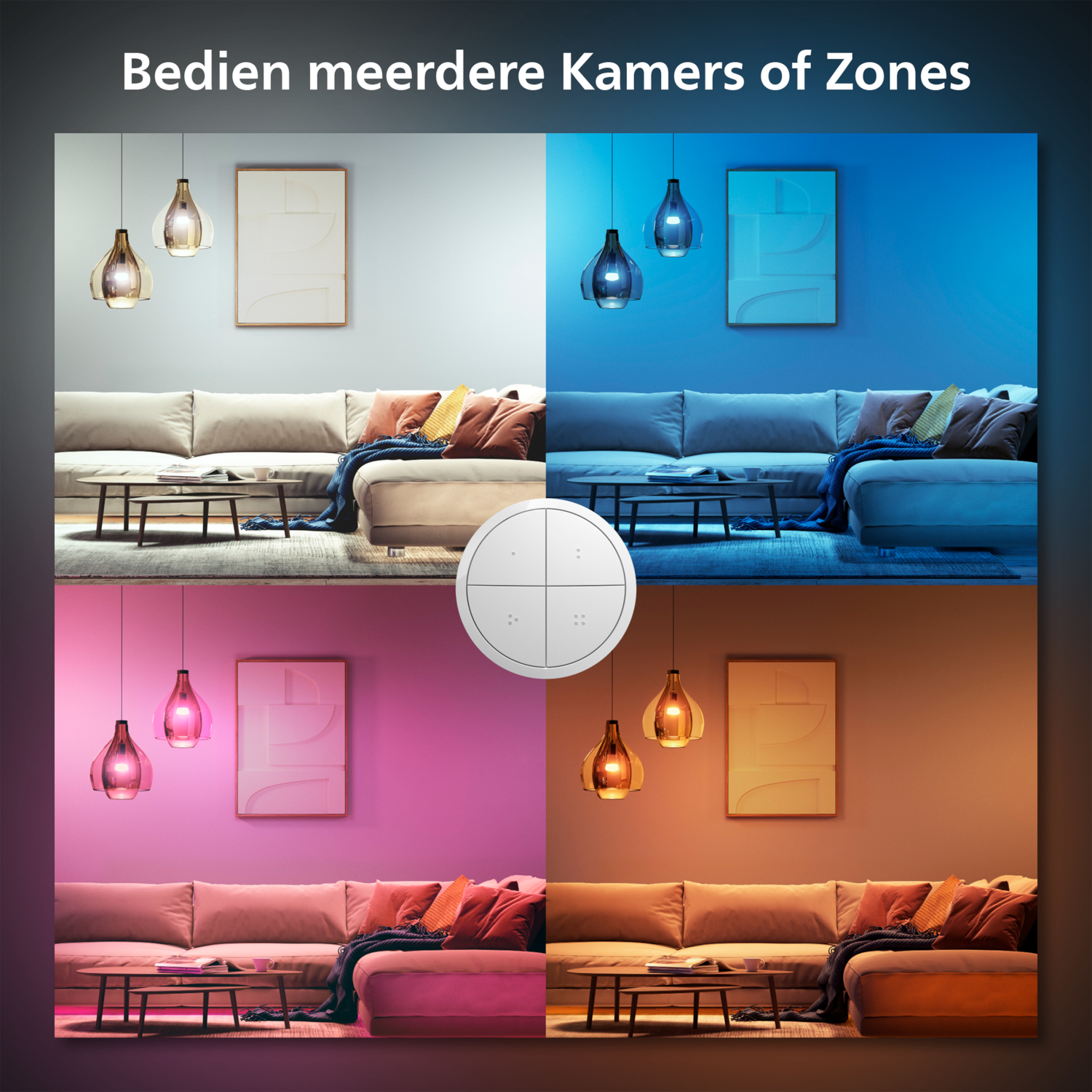 Smart home scene. Four rooms, each with different colors of light from smart lamps.