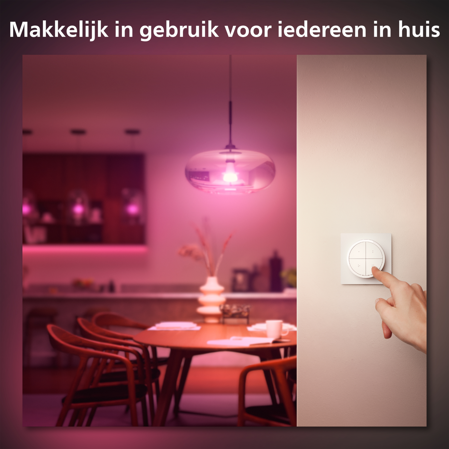A person's hand is pressing a button on a white wall switch, with a room in the background.