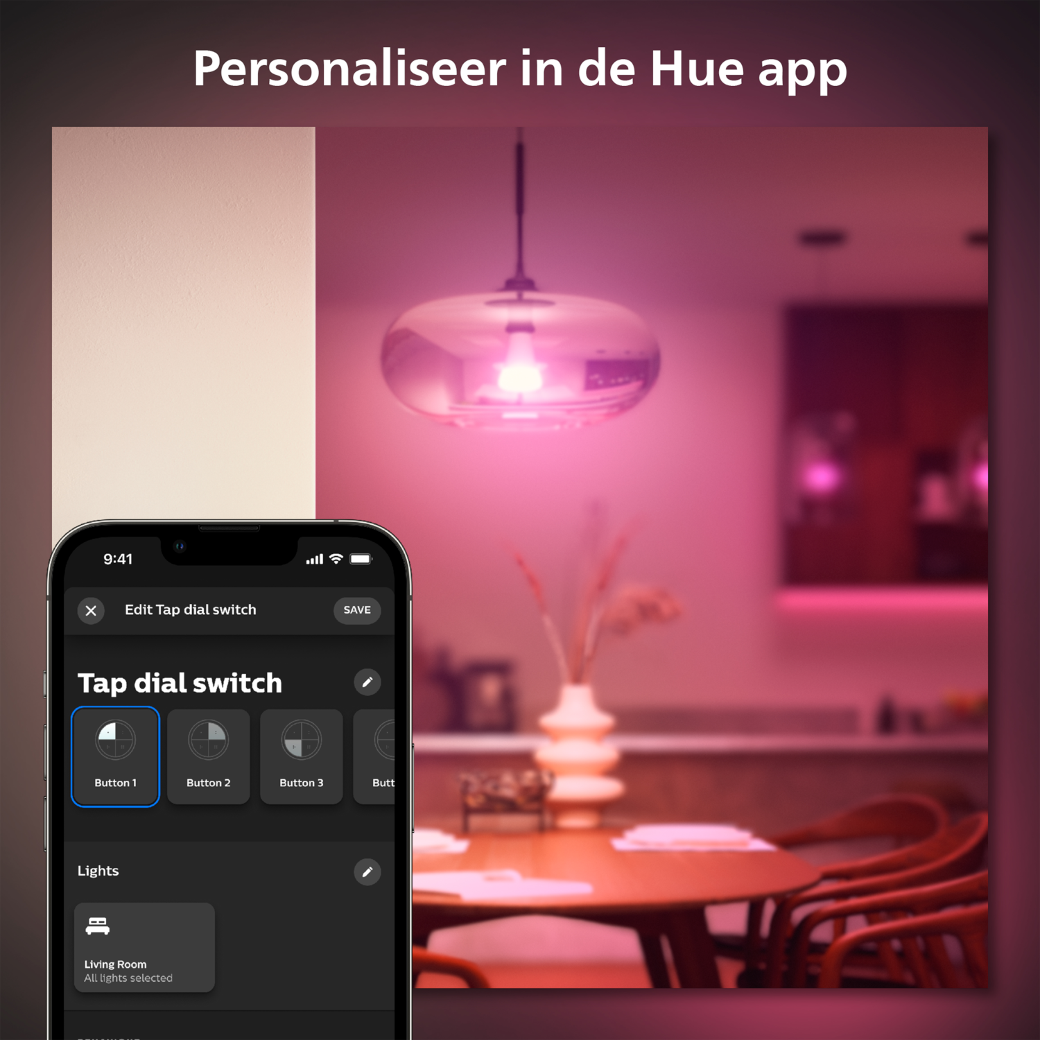 A smartphone showing a smart home app interface. A light fixture glows pink in the background.