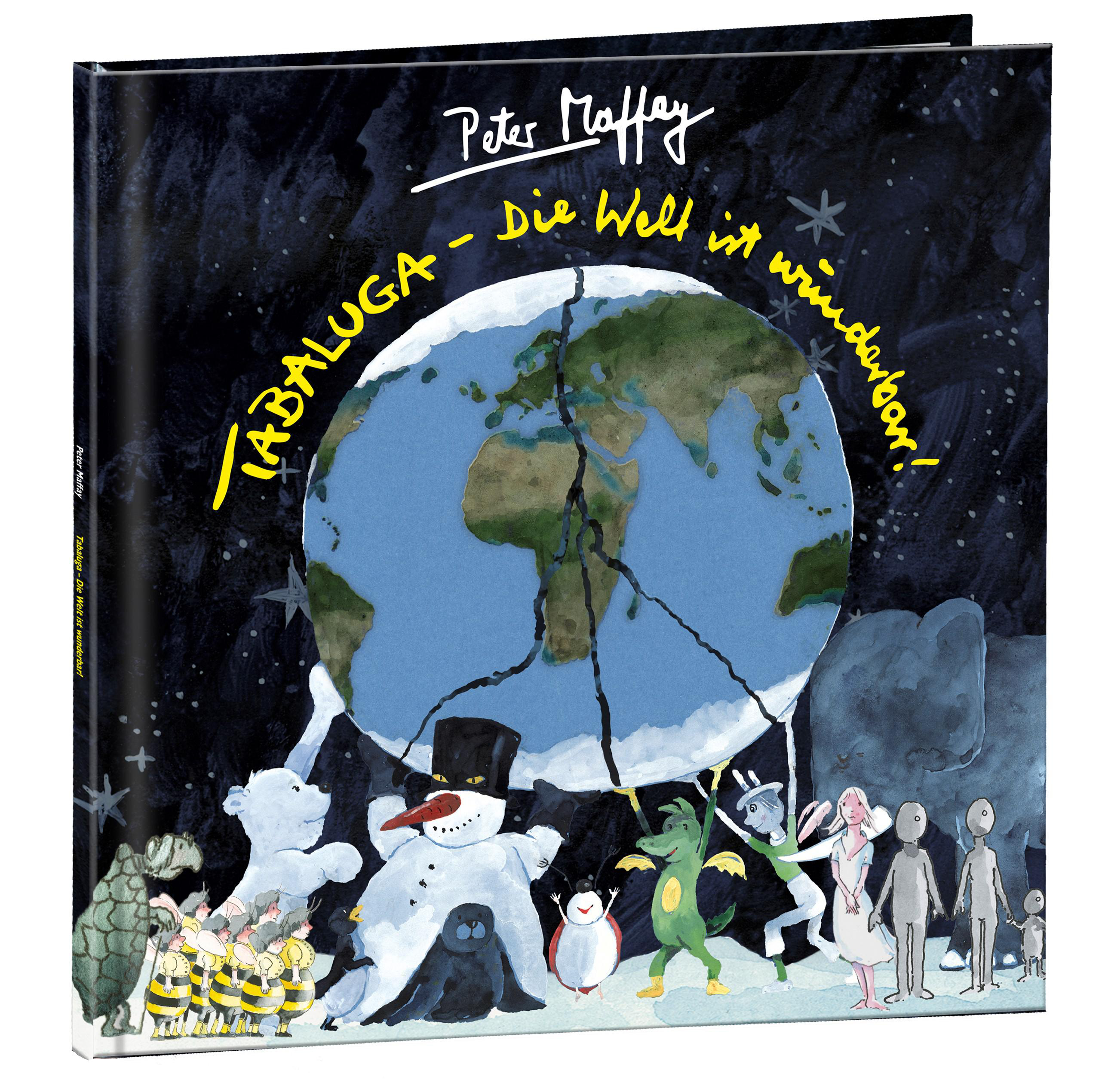 Buchcover mit Cartoon einer Welt, Figuren und Text auf Deutsch.