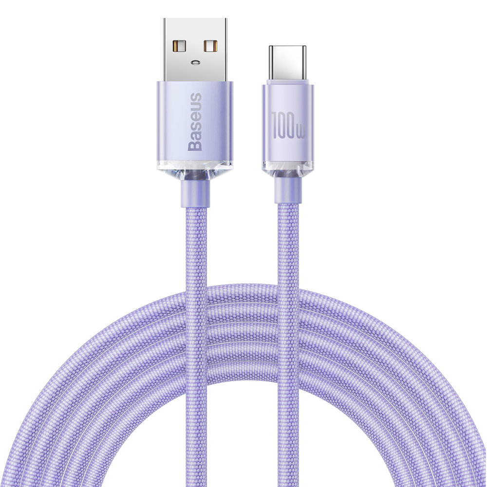 Mor USB-C kablosu ve USB konnektörü. Beyaz zemin, Baseus ve 100w etiketleriyle.