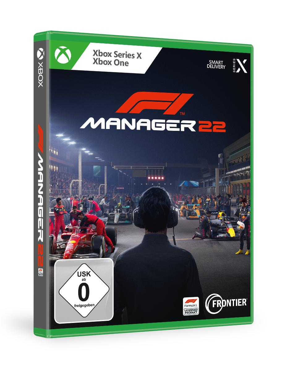 Eine Videospielbox für F1 Manager 22, mit einer Rennszene.