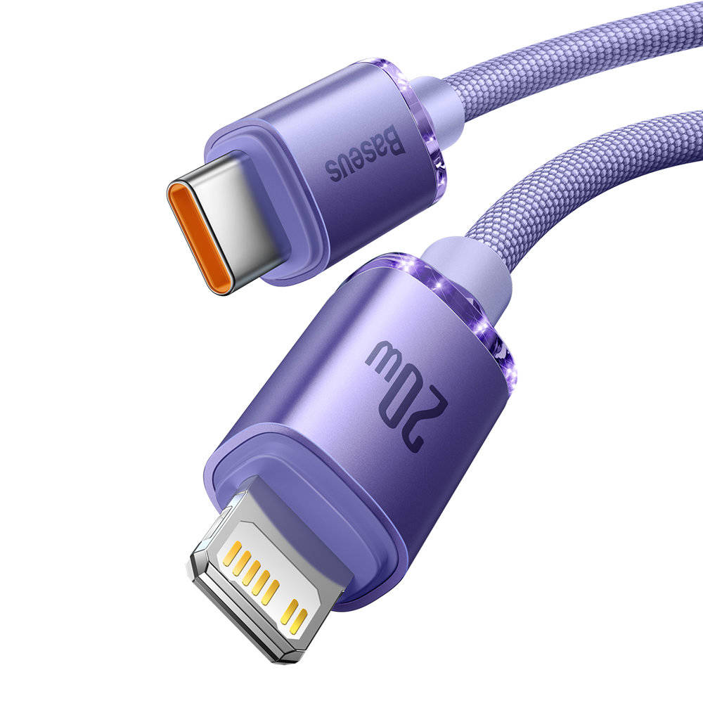 Mor USB-C - Lightning kablosu. USB-C ucu gümüş rengi, Lightning ucu beyazdır.