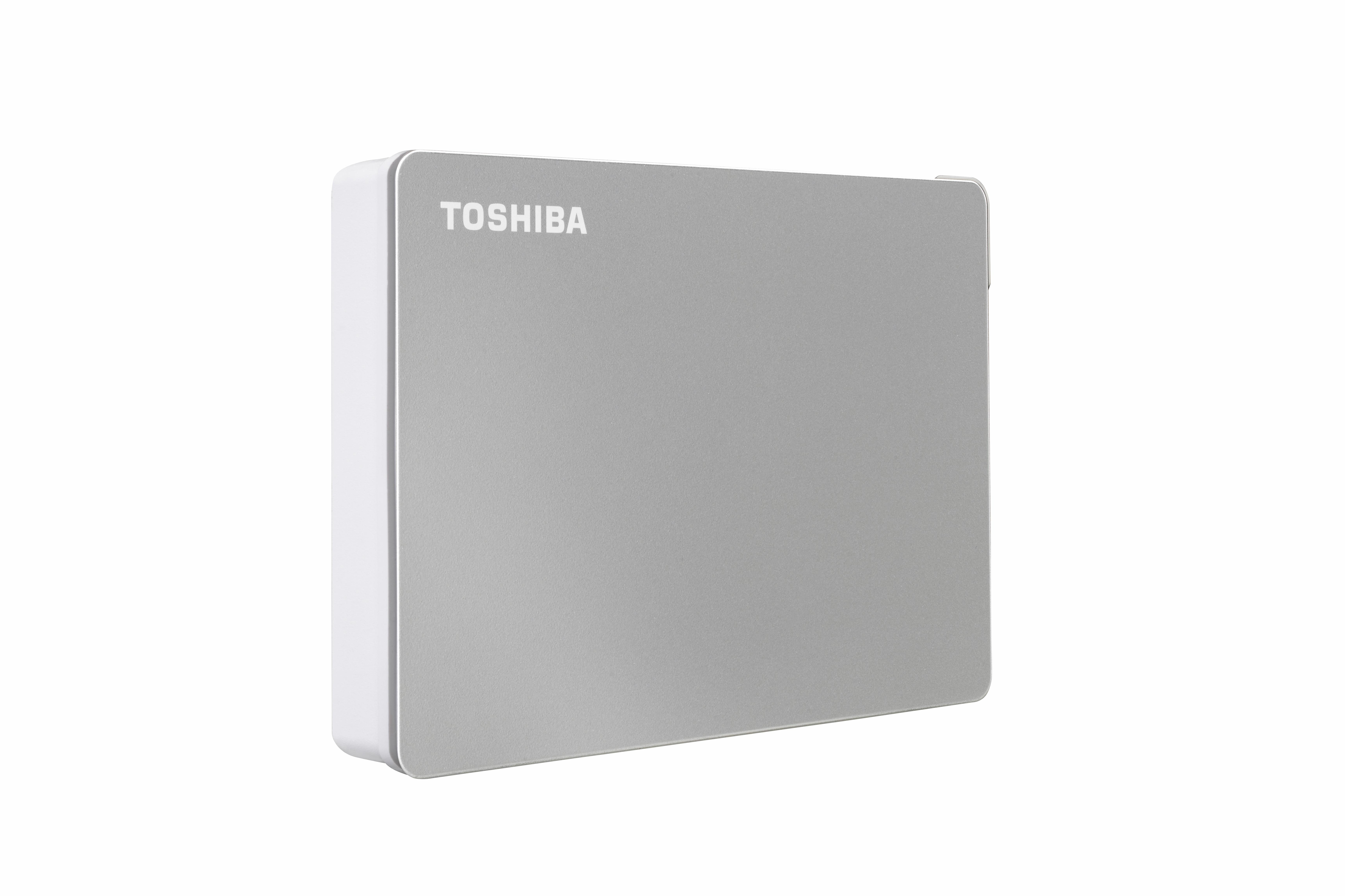 Silberne externe Festplatte von Toshiba, weißer Rand, Toshiba-Logo.