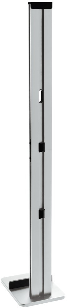 Een hoge, zilveren metalen standaard. Het heeft een vierkante basis en verschillende sleuven voor montage.