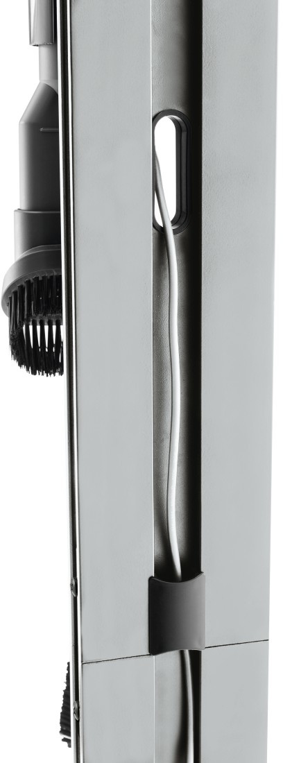 Close-up van een grijze stofzuiger. Witte kabel is zichtbaar.