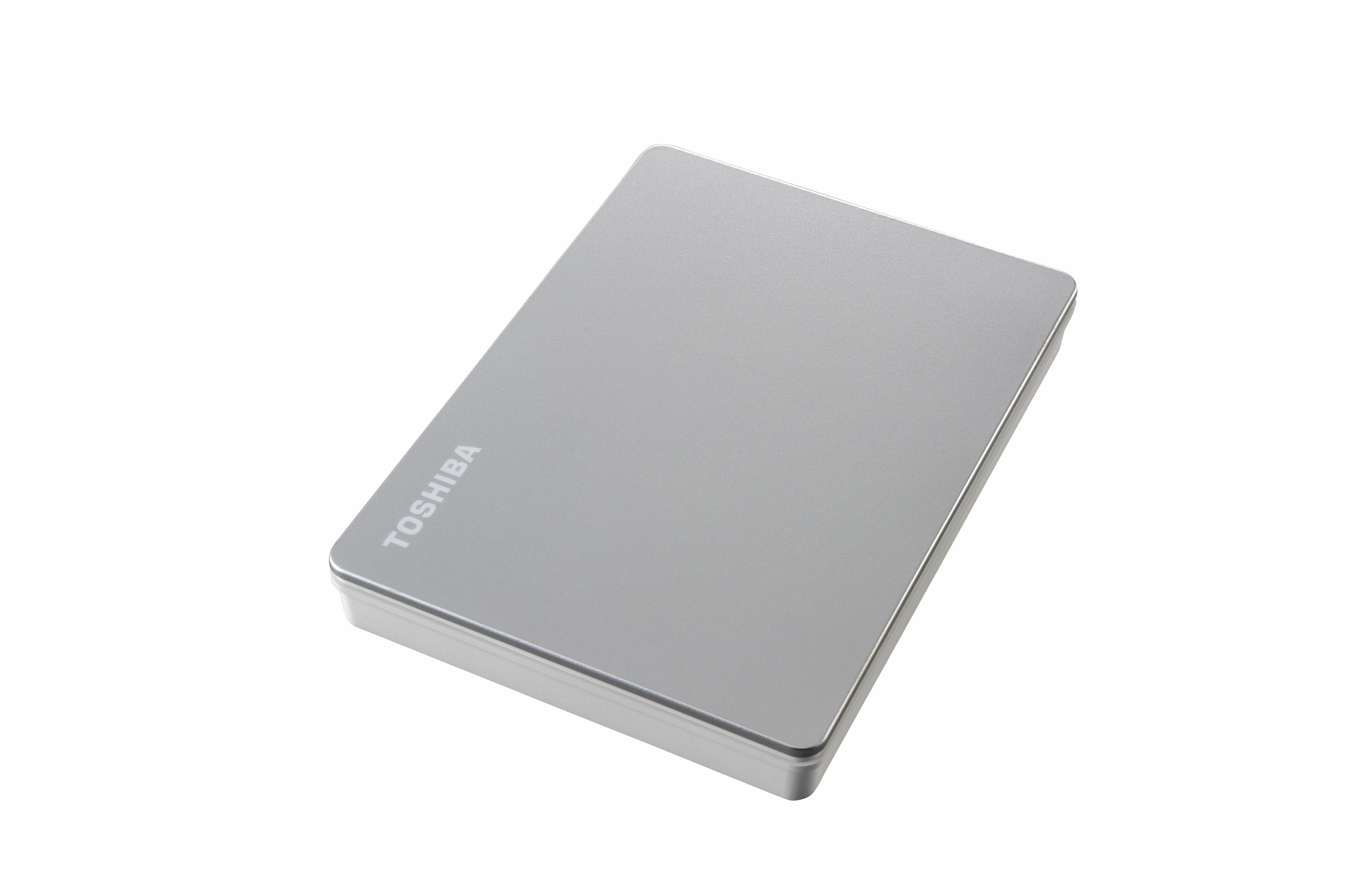 Silberne externe Festplatte von Toshiba auf weißem Hintergrund.
