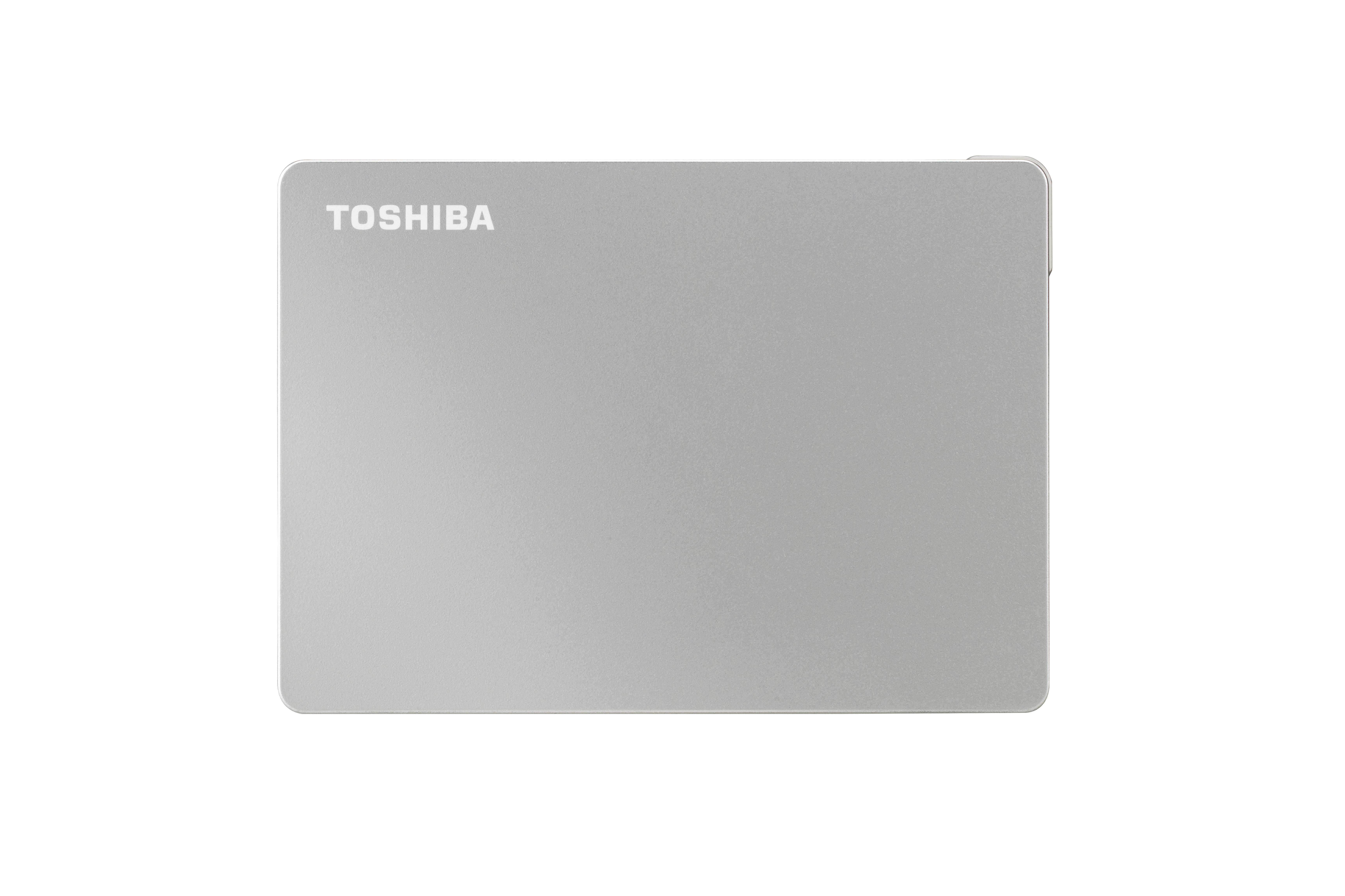 Silberne externe Toshiba-Festplatte auf weißem Hintergrund. Der Markenname ist sichtbar.