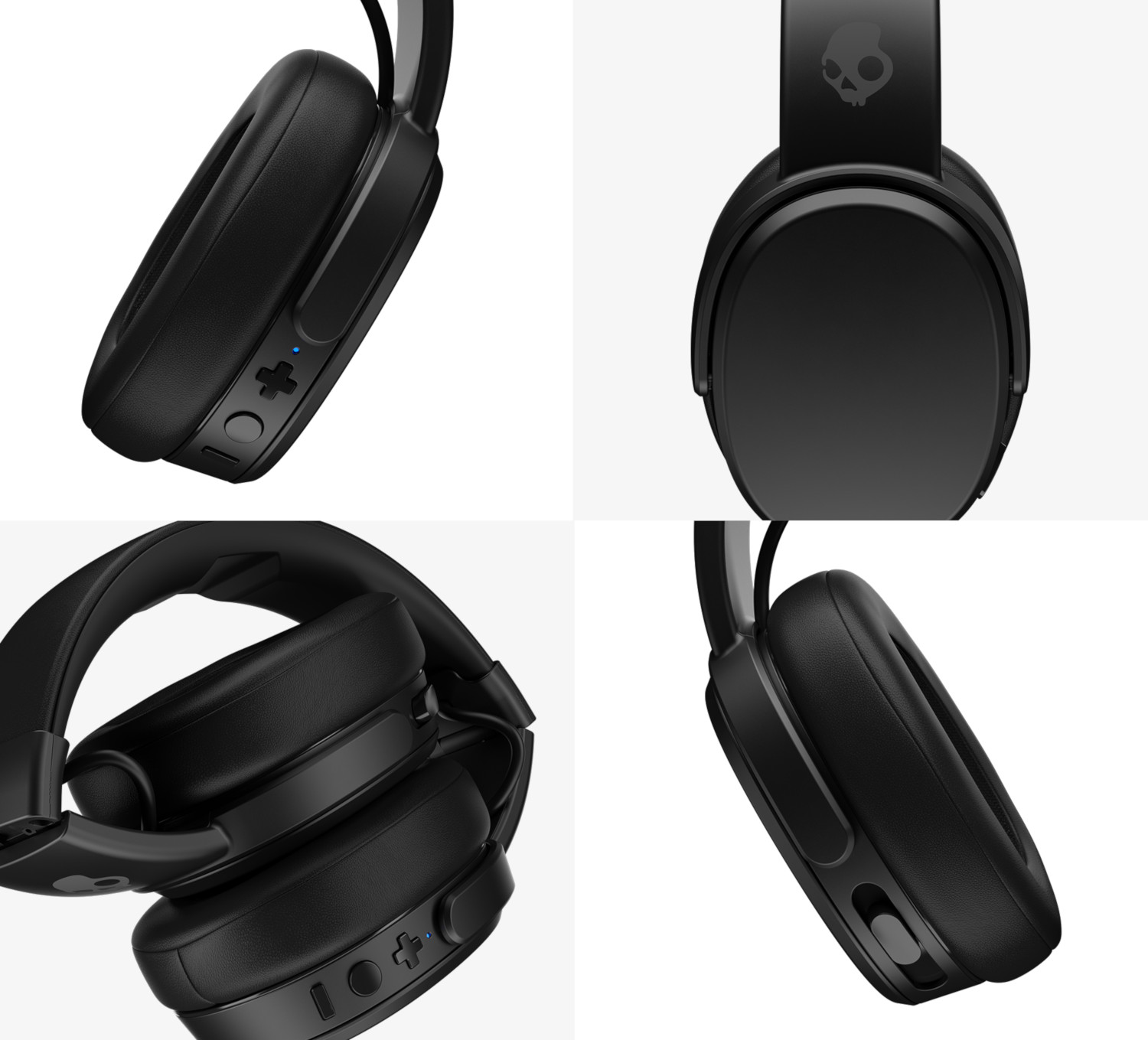 Quatre vues d'un casque Skullcandy noir. Boutons visibles sur un côté.