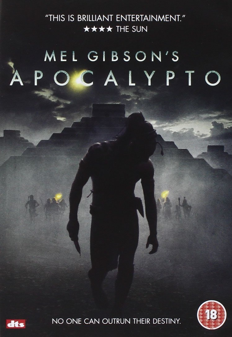 Affiche de film : Homme en silhouette avec un couteau, temple maya et personnages avec des torches. Texte : Apocalypto.