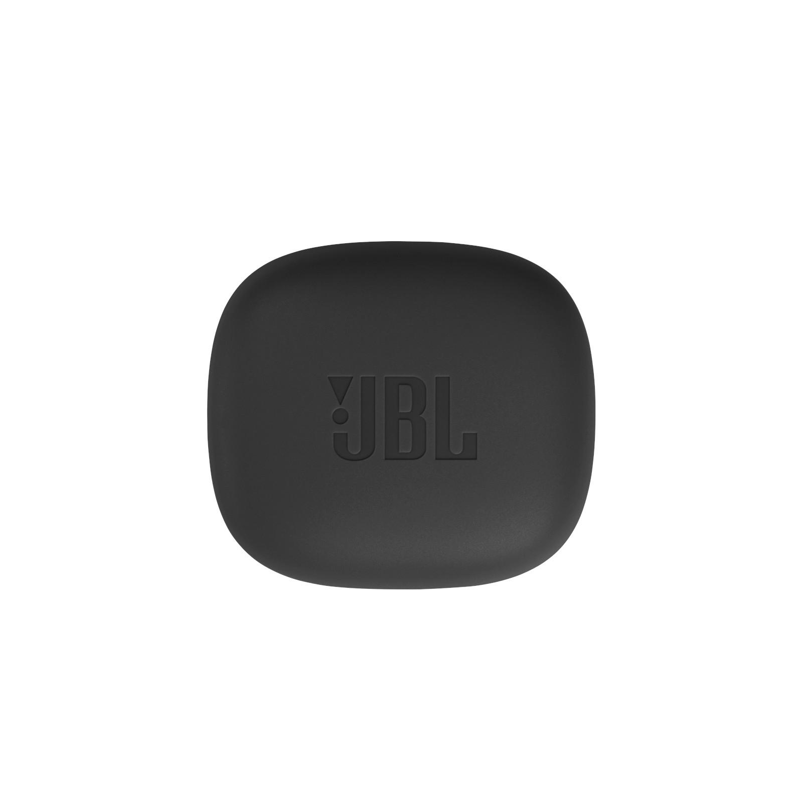 Schwarzes, quadratisches JBL-Kopfhörer-Etui auf weißem Hintergrund. Das JBL-Logo ist sichtbar.