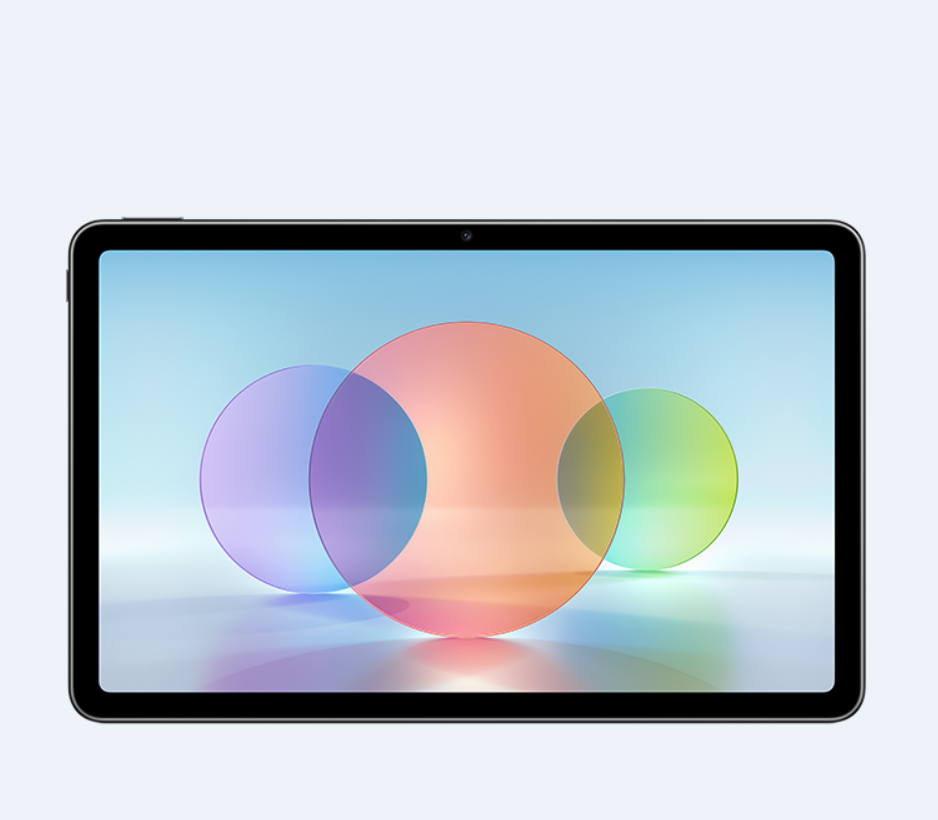Renkli bir ekrana sahip siyah tablet. Ekranda üç daire var. Beyaz zemin.