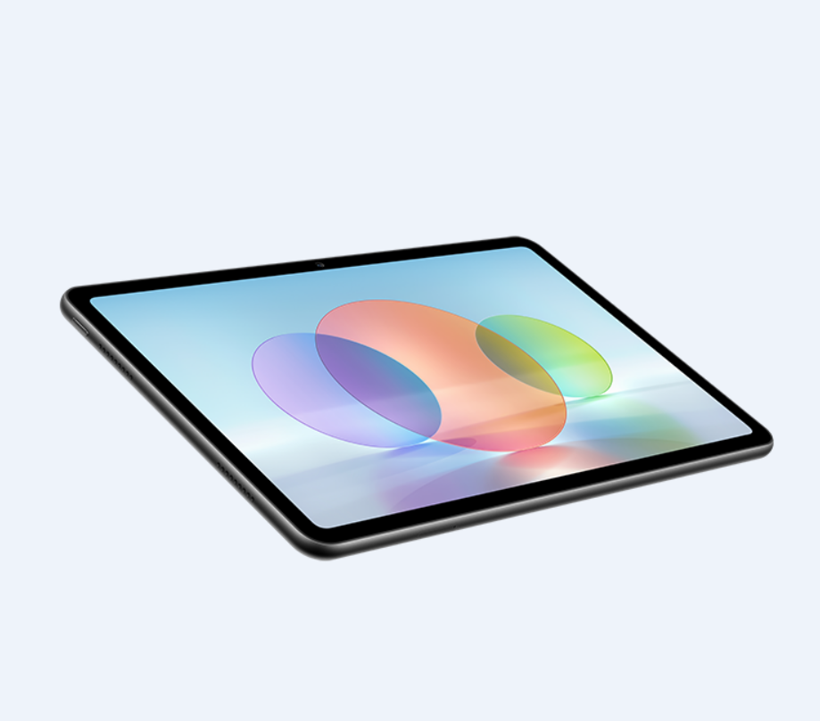 Siyah çerçeveli ve ekranda renkli soyut bir tasarıma sahip bir tablet.
