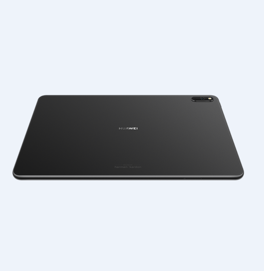 Siyah tablet, arka görünüm, HUAWEI ve Harman Kardon logoları ve bir kamera ile.