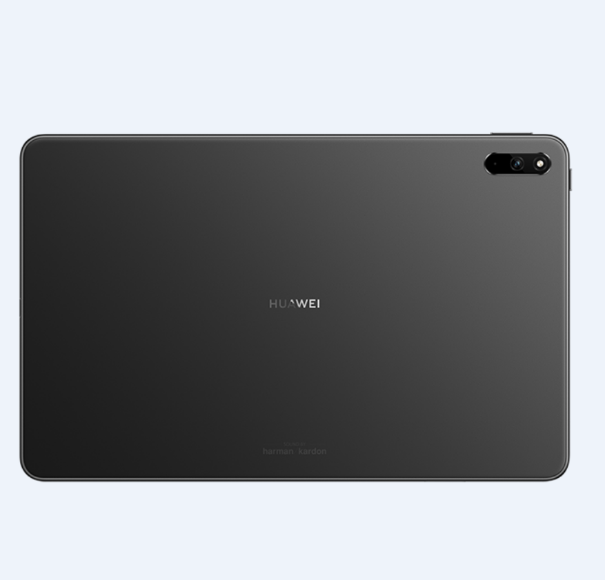 Siyah bir tablet bilgisayar, arka tarafı, logo ile.