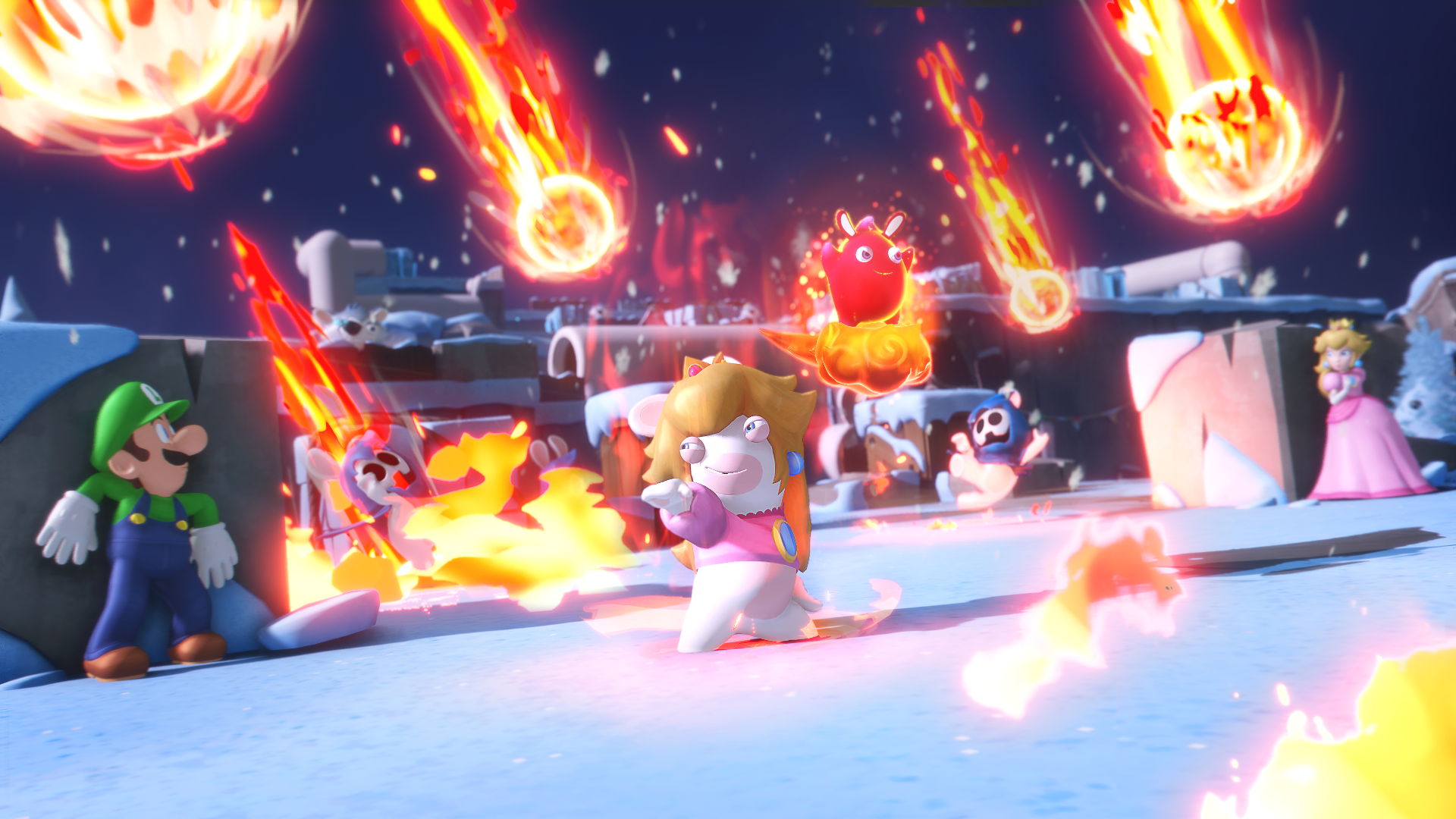 Videospielszenen: Rabbids, Luigi, Prinzessin Peach und ein Rabbid Peach, mit feurigen Meteoren.