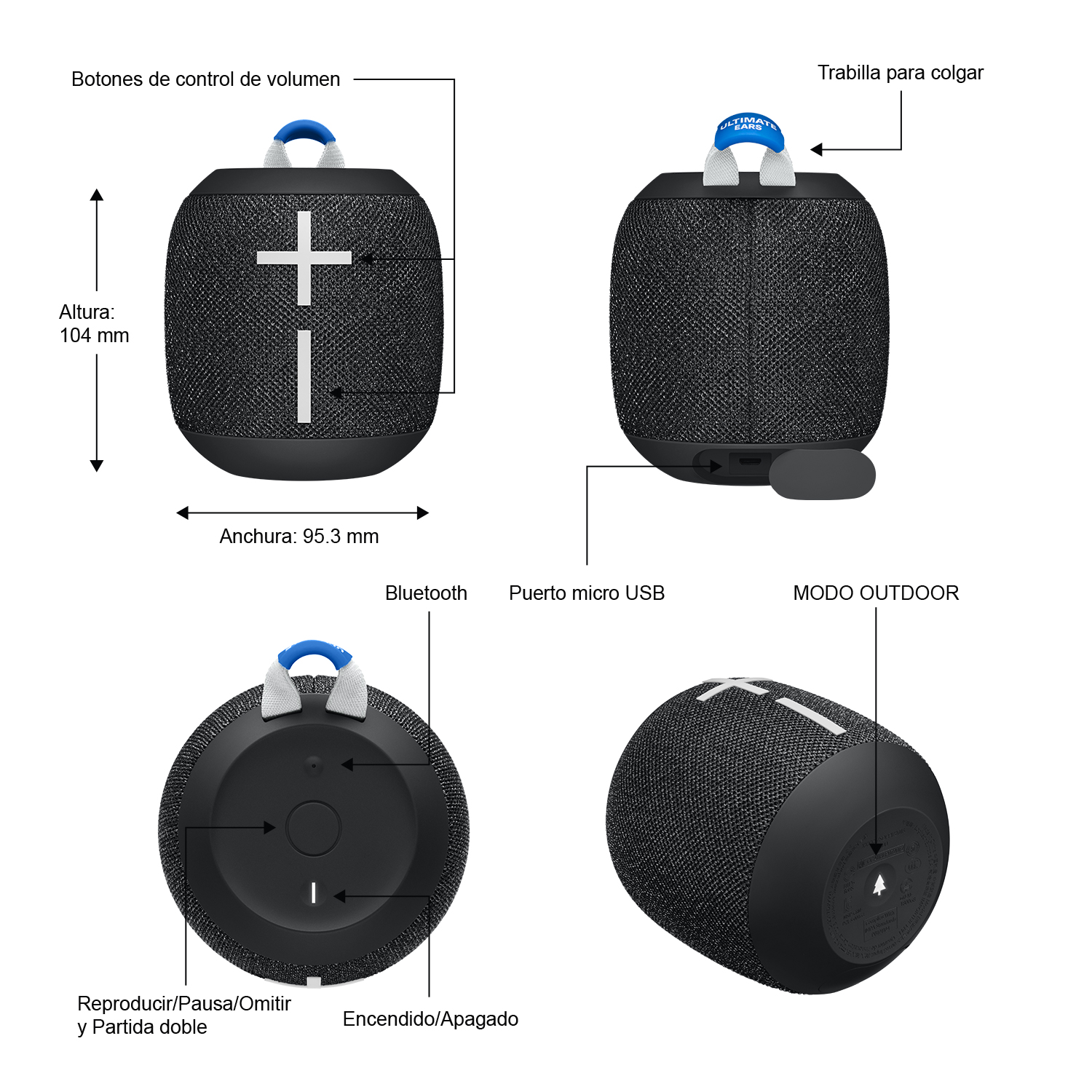 Diagrama de un altavoz portátil negro con funciones etiquetadas.