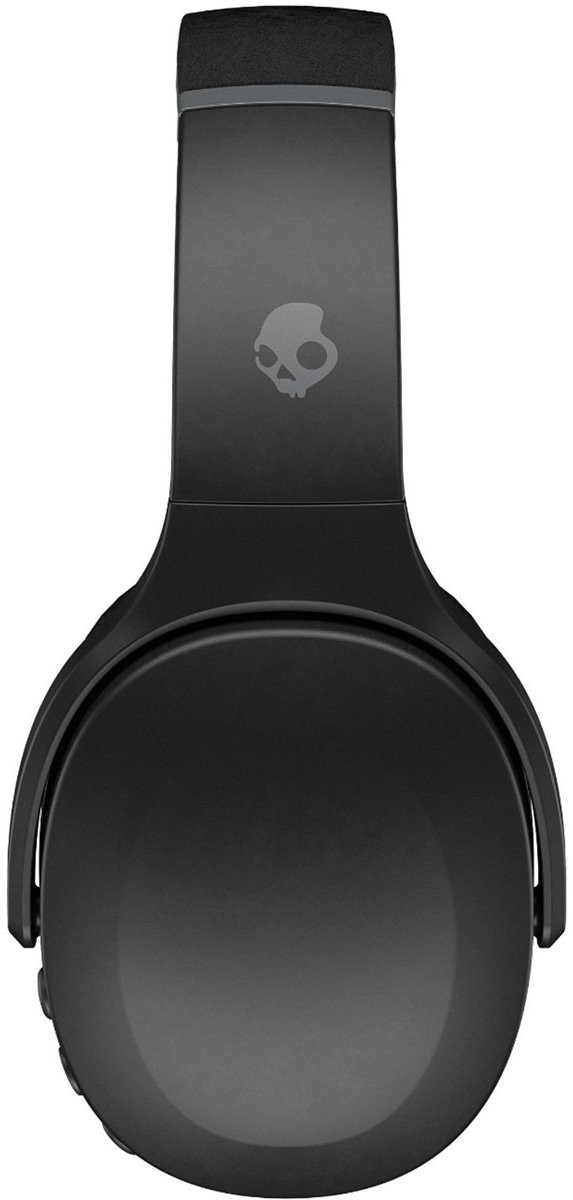 Black headphones with a skull logo on the ear cup, over a white background.