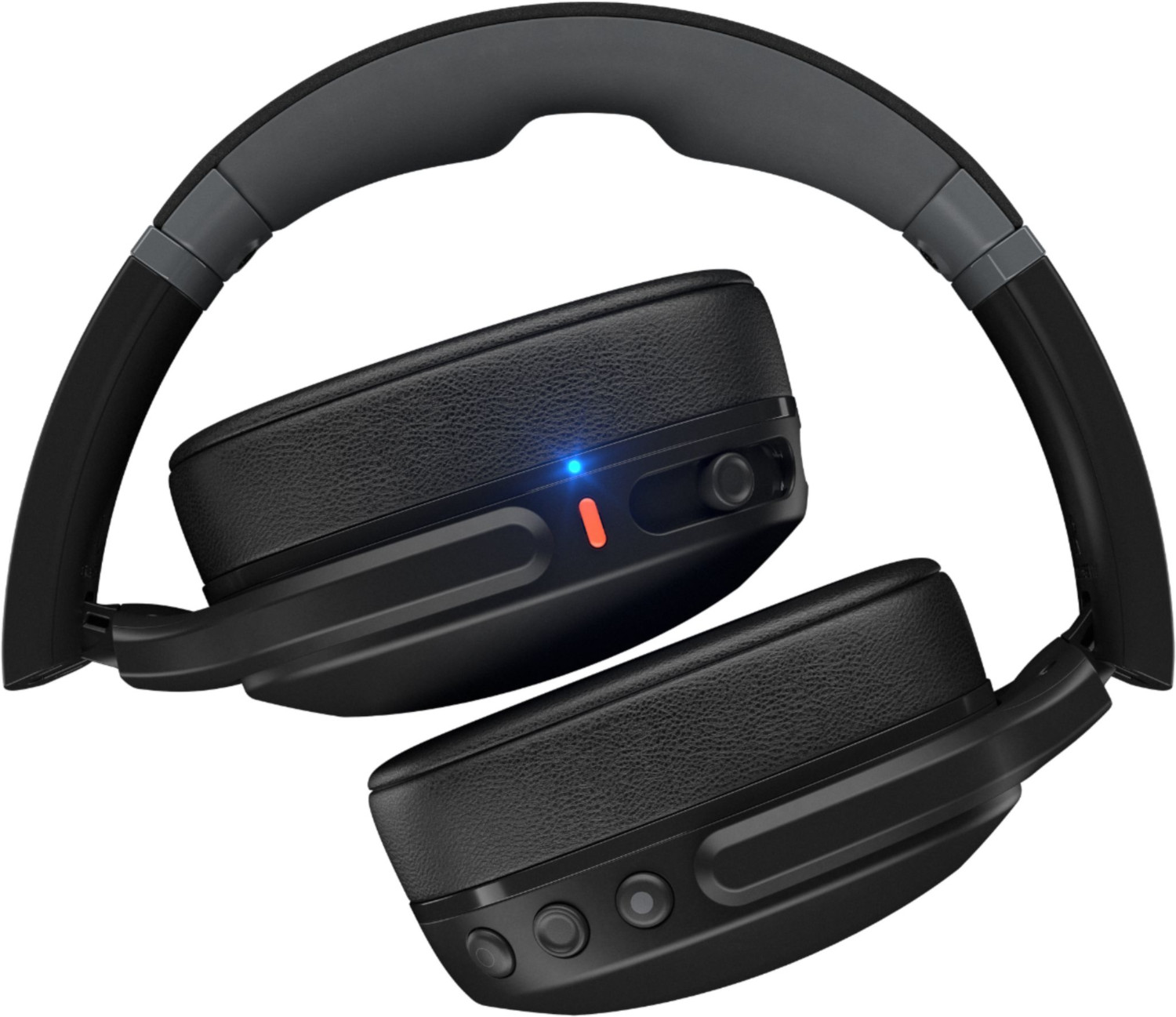 Black headphones, folded, with blue and red lights.