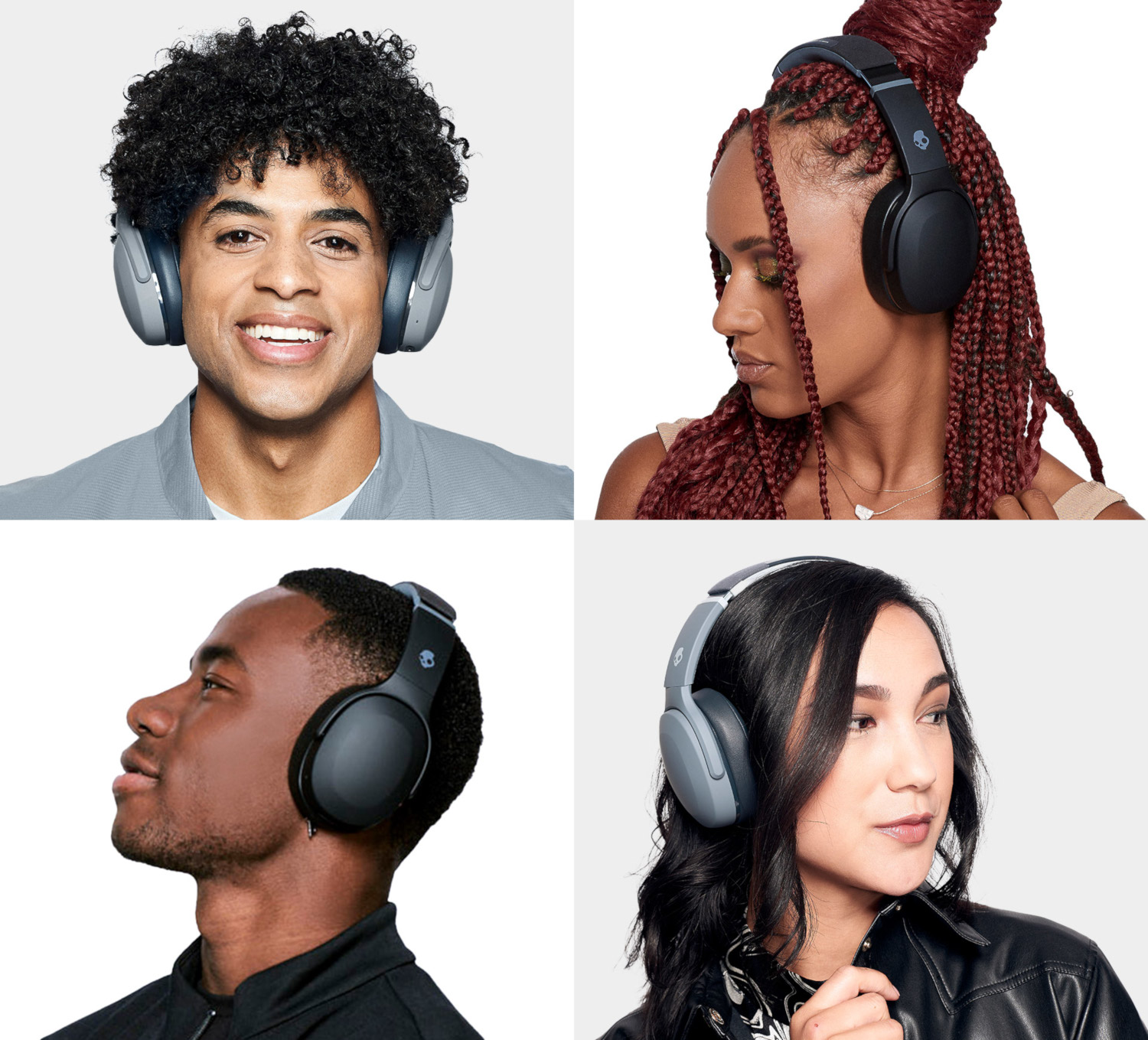 Four people each wearing gray headphones. People are of various ethnicities.