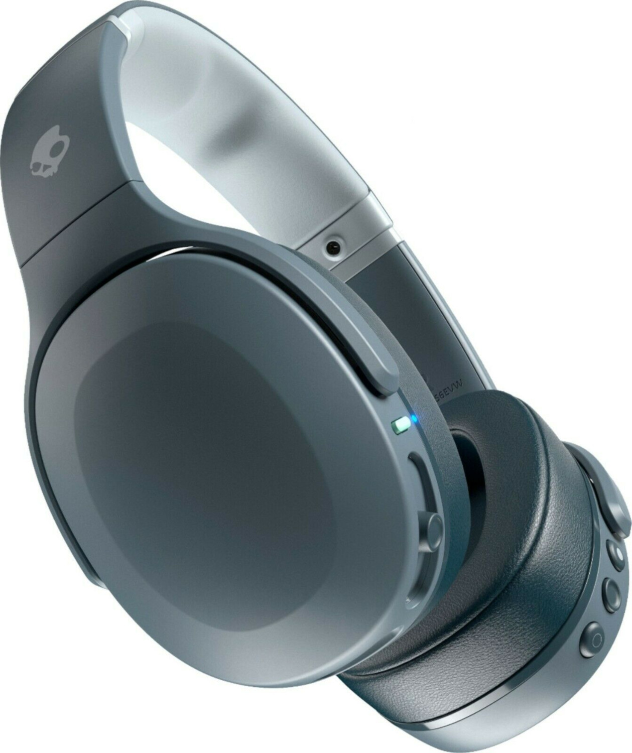 Gray headphones on white background. Ear cups are oval, with a silver headband.