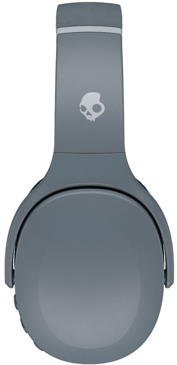 Gray headphones with skull logo on the top of the headband.