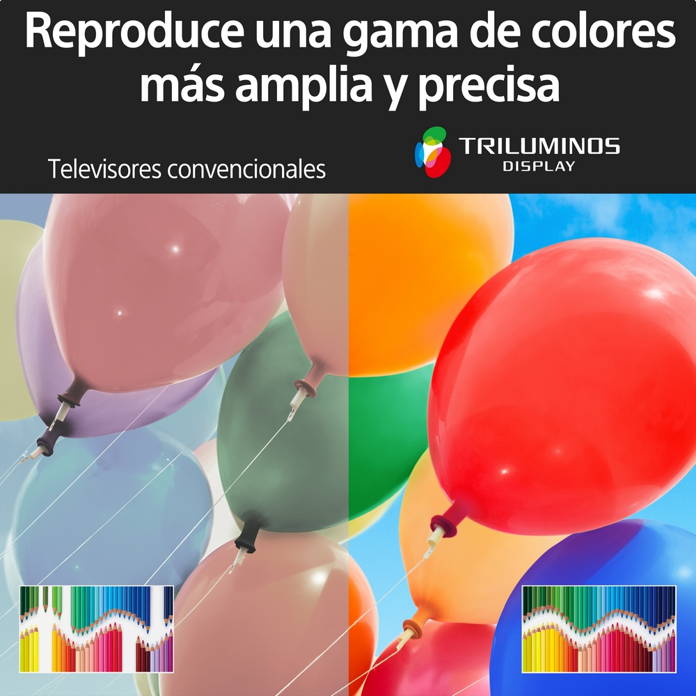 Se muestran globos con una comparación de colores. Texto: Reproducir una gama de colores más amplia y precisa.
